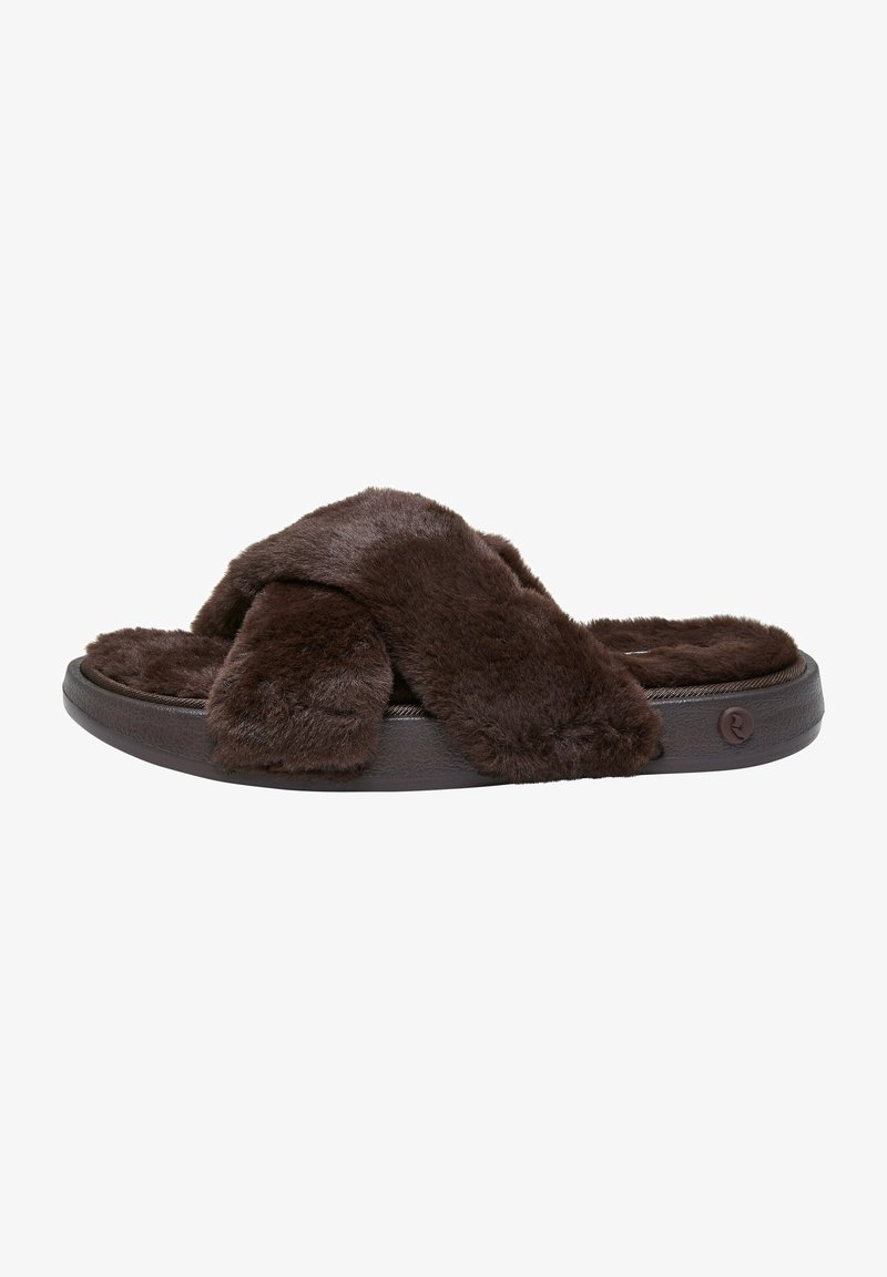 Brown faux fur slide sandals featuring a cross-strap design, textured surface, and a thick sole with a pronounced tread pattern.
