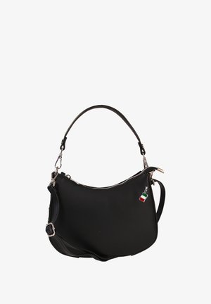 Black leather handbag with a curved shape, a top zipper closure, and silver hardware. Features a detachable shoulder strap and a tricolor tag.