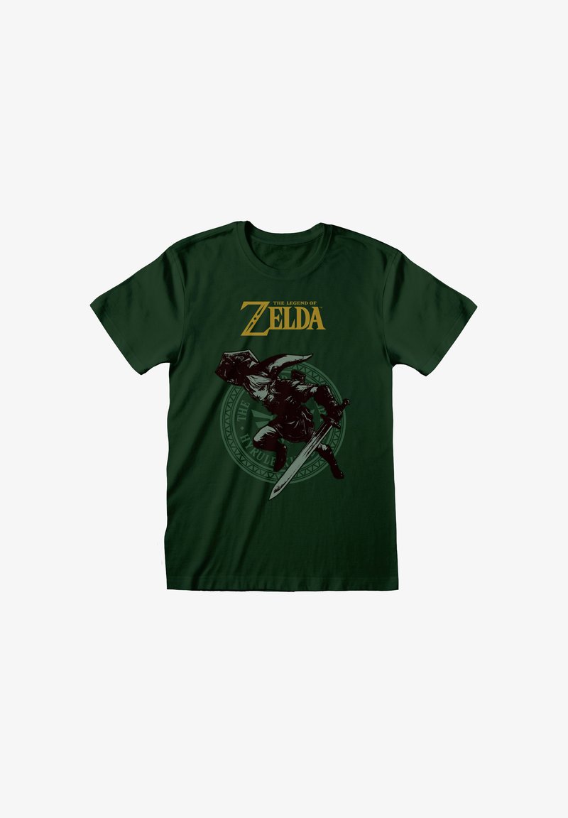 Ciemnozielony bawełniany t-shirt z grafiką postaci z mieczem oraz złotym napisem "The Legend of Zelda".