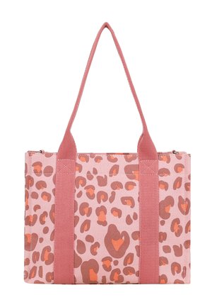 Rechteckige pinke Tragetasche mit braunem und orangefarbenem Leopardenmuster und zwei breiten pinken Stoffgriffen.