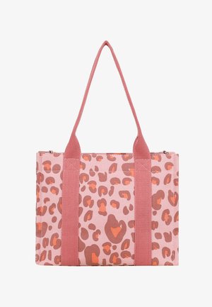 Rectangular pink tote bag with brown and orange leopard print pattern and two wide pink fabric handles.
