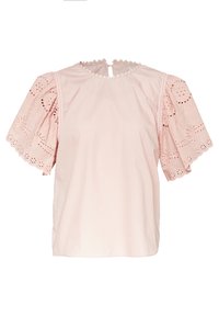 Růžová bavlněná blůza s krátkými volánovými rukávy a detaily broderie anglaise, kulatým výstřihem se vlnitým okrajem a klíčovou dírkou na zadní straně.