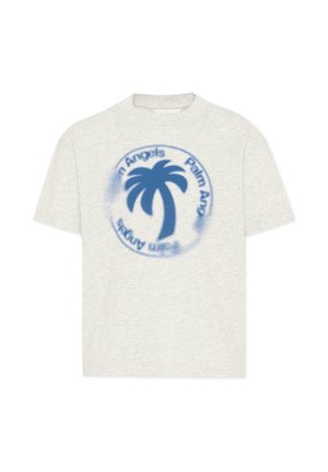 Lichtgrijs T-shirt met korte mouwen, voorzien van een blauw gespoten palmboom en cirkelvormige tekst met de woorden "Palm Angels" aan de voorkant.