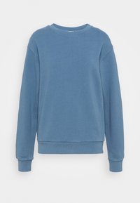 Sweat-shirt bleu à col rond en tissu doux et texturé. Comprend des manches longues ainsi que des poignets et un ourlet côtelés. Design simple et sans ornements ni motifs.