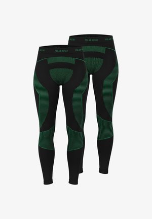 Black leggings with green accents, featuring a geometric pattern and striped design along the sides. Elastic waistband with logo detail.