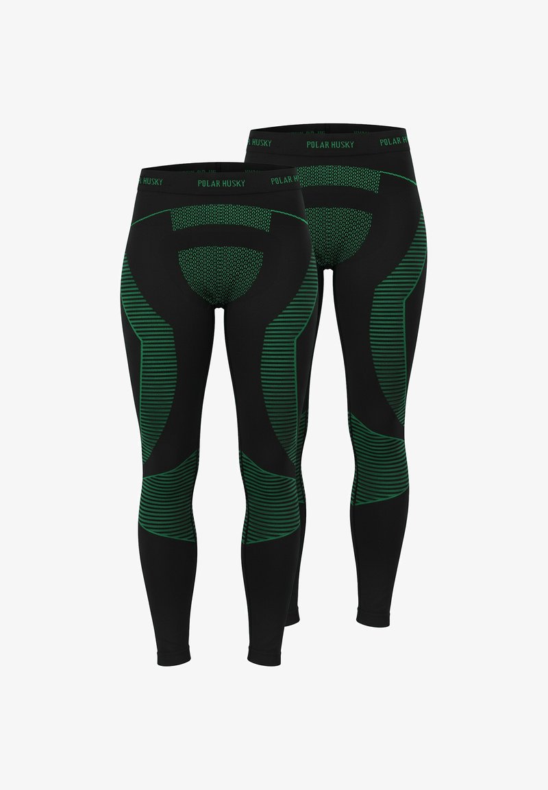 Schwarze Leggings mit grünen Akzenten, versehen mit einem geometrischen Muster und gestreiftem Design an den Seiten. Elastischer Bund mit Logodetail.