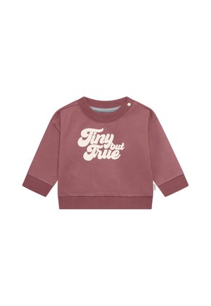 Kindermaat, lange mouwen mauve sweatshirt met geribde manchetten en zoom, met witte tekst "Tiny but True" op de voorkant en drukknoopje bij de kraag.