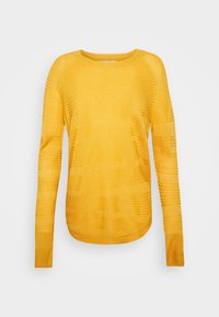 Gelbes Langarmpullover mit einem strukturierten, wellenförmigen Muster. Weicher, leichter Stoff mit einem runden Ausschnitt und leicht geschwungener Saum.