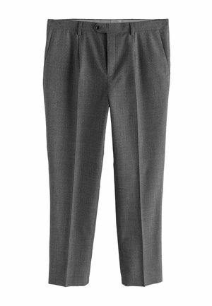 Pantaloni grigi in tessuto strutturato, con design a gamba dritta, tasche frontali e chiusura con bottone.