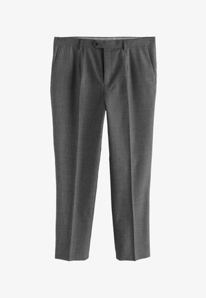 Szare spodnie wykonane z teksturowanej tkaniny, o prostych nogawkach, z przednimi kieszeniami i zapięciem na guzik.