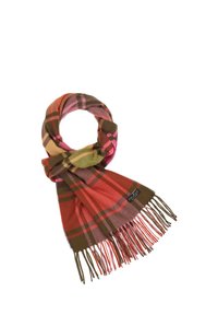 Sciarpa a quadri con colori caldi come rosso, rosa e verde, con estremità frangianti. Realizzata in materiale morbido, progettata per l'uso invernale.