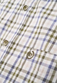 Kariertes Button-up-Hemd in Weiß-, Grün- und Blautönen. Mit einer Brusttasche und gesticktem Detail.