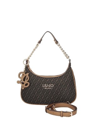 Bolso de mano Liu Jo Milano marrón y negro con asa de cadena dorada, charm con el logo y una correa adicional ajustable de cuero para el hombro.