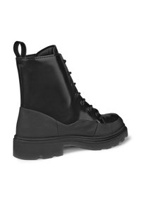 Svart lær ankelboot med en glatt overflate, snøring, robust såle og en løkke for enkel påkledning. Har en tykk hæl-design.