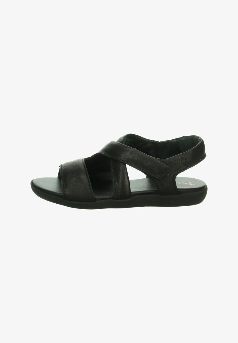 Schwarze Ledersandalen mit Überkreuz-Riemen und offener Zehe. Dicke Gummisohle, glatte Textur und minimalistisches Design. Ideal für Freizeitmode.