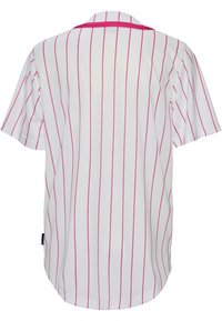 Kortærmet skjorte i hvidt stof med lodrette pink striber, der har krave og en lige skæring. Glat tekstur, afslappet design.