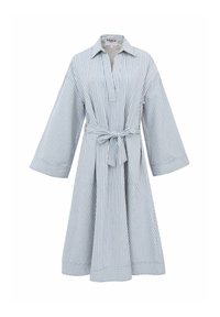 Gestreiftes Kleid in Blau und Weiß, mit Kragen, langen Ärmeln, tailliertem Bund und einem weit ausgestellten Rock mit knielangem Saum.