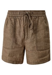 Shorts en lin marron avec taille élastique et cordon à l'avant, comprenant deux grandes poches plaquées à l'avant et des détails de couture visibles.