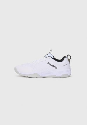 White training shoes with black accents, textured upper, flat sole, and logo detail on the side and back. Lightweight and breathable design.
