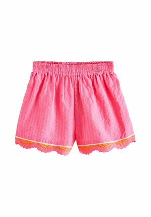 Rosa Shorts mit elastischem Bund, dezentem Leopardenmuster, orange-weißem Besatz und gewelltem Spitzenabschluss auf weißem Hintergrund.