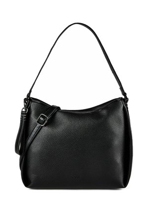 Schwarze, strukturierte Leder-Schultertasche mit verstellbarem Riemen und Schnalle, schlichtes und elegantes Design ohne sichtbare Taschen oder Verzierungen.