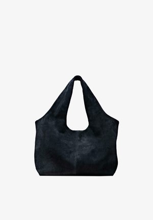 Schwarze Schultertasche aus Wildleder mit einem breiten Griff und schlichtem Design, ausgestattet mit einer zentralen vertikalen Naht auf der Vorderseite.