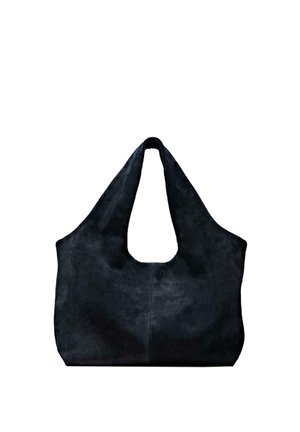 Black suede shoulder bag with a wide handle and simple design, featuring a central vertical seam on the front.