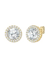 Auksinės spalvos auskarai su dideliu apvaliu skaidriu akmeniu, apsuptu mažesnių skaidrių akmenų aureole, užsegami spaudžiamu užsegimu.