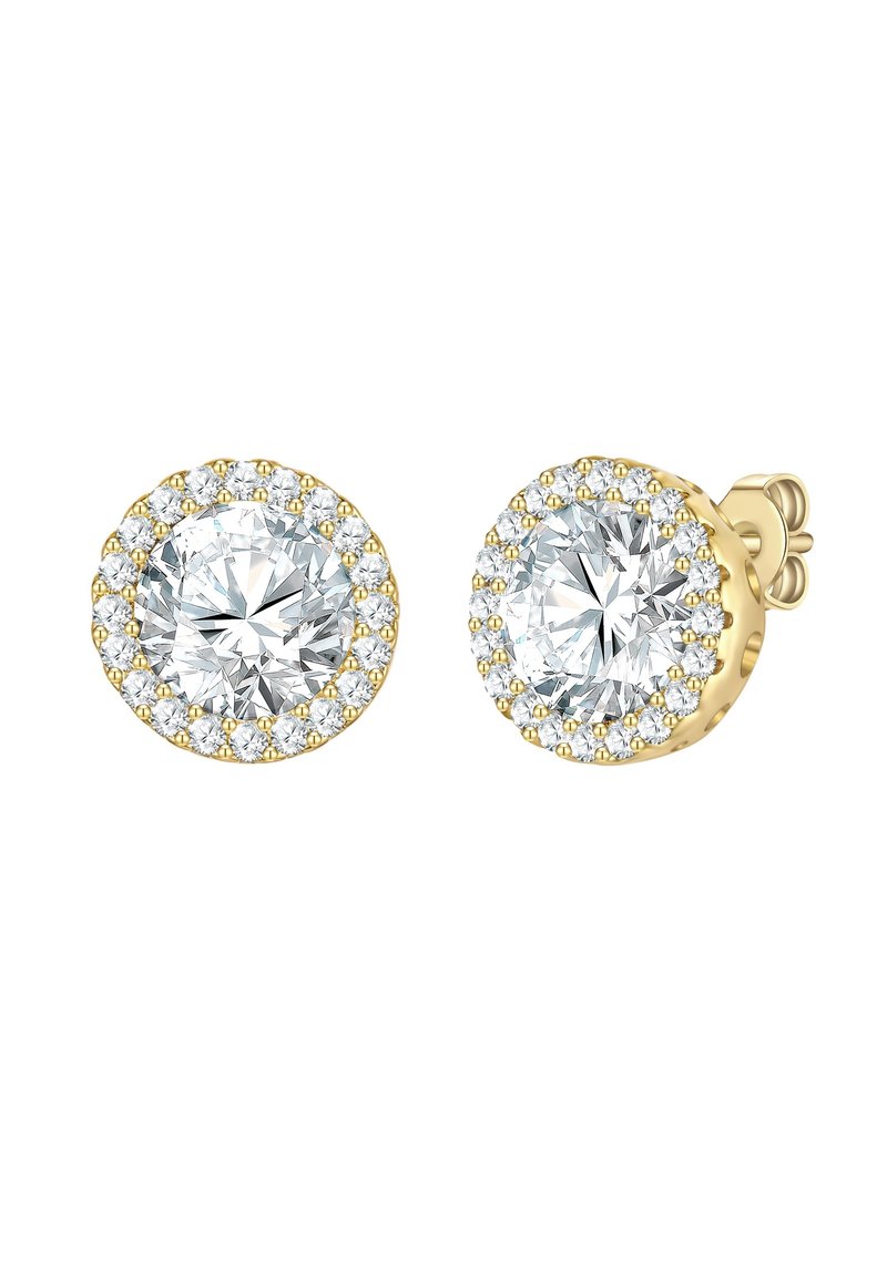 Auksinės spalvos auskarai su dideliu apvaliu skaidriu akmeniu, apsuptu mažesnių skaidrių akmenų aureole, užsegami spaudžiamu užsegimu.