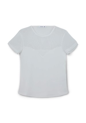 T-shirt bianco a maniche corte con scollo rotondo, caratterizzato da un pannello in rete testurizzata nella parte superiore anteriore e un tessuto morbido per il corpo.
