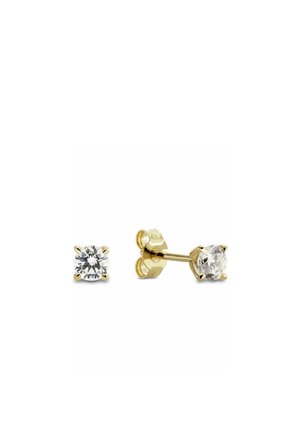 Pair of gold stud earrings, each featuring a single round clear gemstone in four-prong setting and butterfly backs.