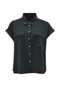 Camicia a maniche corte di colore verde scuro, con davanti a bottoni, colletto classico, due tasche sul petto e tessuto testurizzato.
