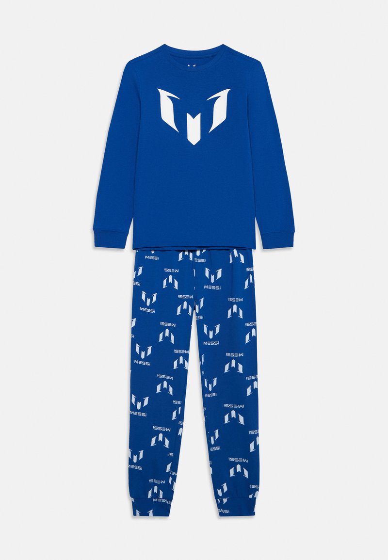 Ensemble bleu à manches longues et pantalon avec logos Messi blancs, comprenant un grand emblème sur le haut et des logos plus petits répétés sur le pantalon.