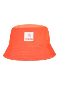 Cappello a secchi arancione brillante realizzato in tessuto morbido. Presenta un'etichetta bianca con un logo a sole e la scritta "BILLABONG". Visiera testurizzata con cuciture.