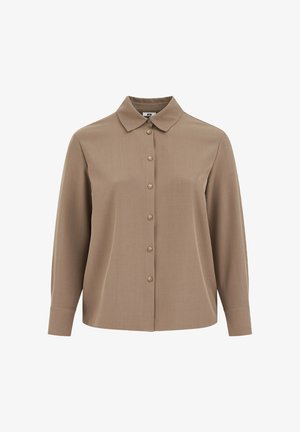 Braunes Hemd mit langen Ärmeln, Knopfleiste, klassischem Kragen, weicher Textur und durchgehendem Knopfverschluss. Figurbetonte Passform mit geradem Saum.