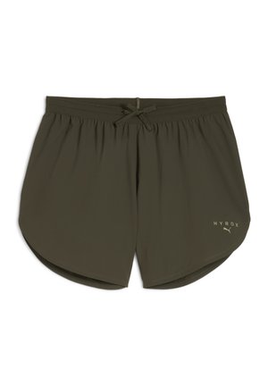 Olive green athletic shorts made of lightweight material, featuring an elastic waistband with a drawstring and curved hem. "HYROX" logo included.
