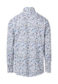 Camicia a maniche lunghe con motivo floreale, sfondo bianco con disegni blu, rosa e verdi, colletto con bottoni e vestibilità rilassata.