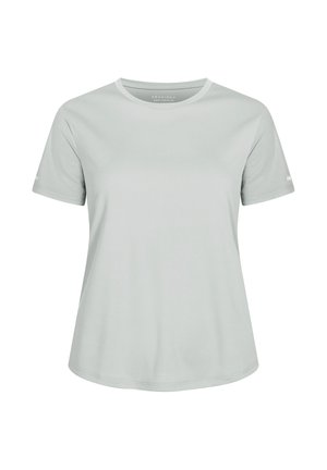 Lichtgrijze t-shirt met korte mouwen en een ronde hals. Gemaakt van een gladde stof, met subtiele branding op de mouwen. Recht gesneden ontwerp.