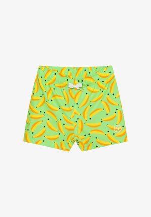 Costume da bagno verde con motivo a banane gialle su tutta la superficie e coulisse bianca alla vita elastica.