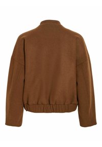Veste en laine marron à manches longues avec un ourlet élastique froncé, vue de dos sur fond blanc.