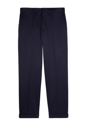 Pantalons navy à coupe droite, fabriqués en tissu lisse, avec devant plat, poches latérales et ourlets à revers.