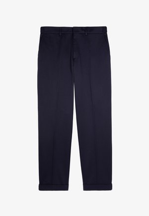 Pantalons navy à coupe droite, fabriqués en tissu lisse, avec devant plat, poches latérales et ourlets à revers.
