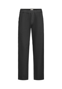 Black relaxed-fit pants with an elastic waistband and straight-leg design. Smooth fabric, medium thickness, no visible patterns or accents.