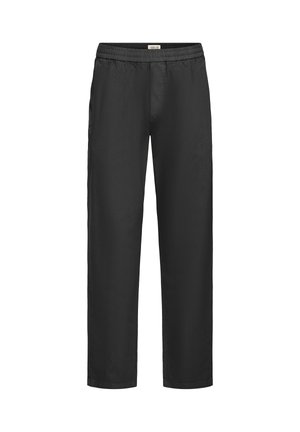 Black relaxed-fit pants with an elastic waistband and straight-leg design. Smooth fabric, medium thickness, no visible patterns or accents.