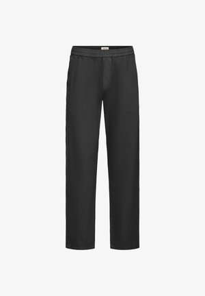 Fekete, laza szabású nadrág elasztikus derékpánttal és egyenes szárú kialakítással. Sima anyag, közepes vastagságú, látható minták vagy díszítések nélkül.