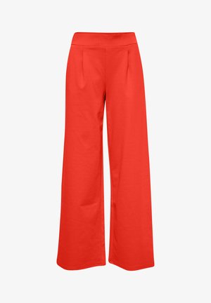 Rote weit geschnittene Hosen aus weichem Stoff, mit einem hohen elastischen Bund und zwei vorderen Falten für zusätzlichen Designdetails.