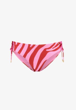 Bikini bottom featuring a pink and red zebra stripe pattern. Materials include stretchy fabric with adjustable side ties and gold accent hardware.
