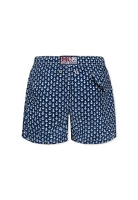 Pantaloni da bagno navy con motivo di ancore bianche. Presentano una vita elastica con una patch del logo e una tasca laterale. Realizzati in materiale ad asciugatura rapida.