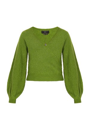 Maglione corto verde brillante con orlo a coste, caratterizzato da maniche ampie e puffate e scollo a V, realizzato in un materiale testurizzato e luccicante.