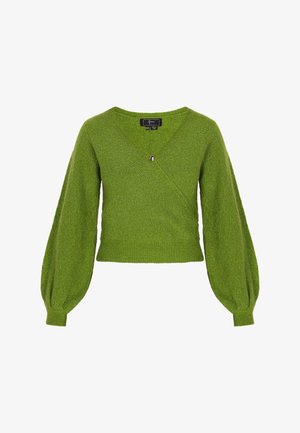 Pulover scurt de culoare verde aprins, cu un tiv rib croit, având mâneci ample și bombate și un decolteu în formă de V, realizat dintr-un material texturat și strălucitor.